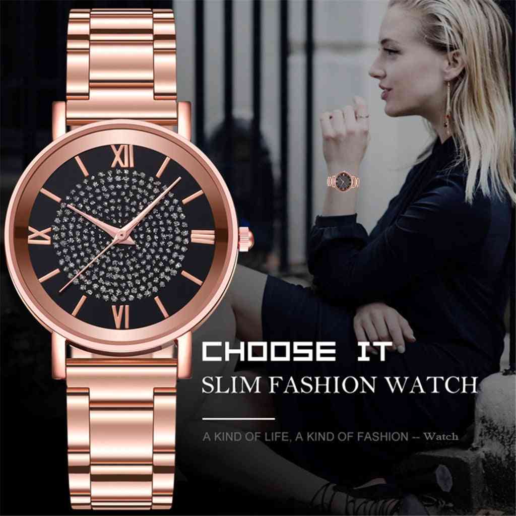 Women Luxury Quartz Watch, Stainless Steel Dial Bracelet Watches