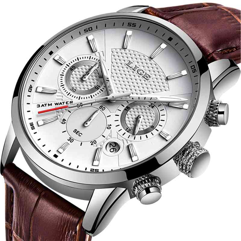 Leather Chronograph Waterproof Sports Automatic Date Quartz Watch
