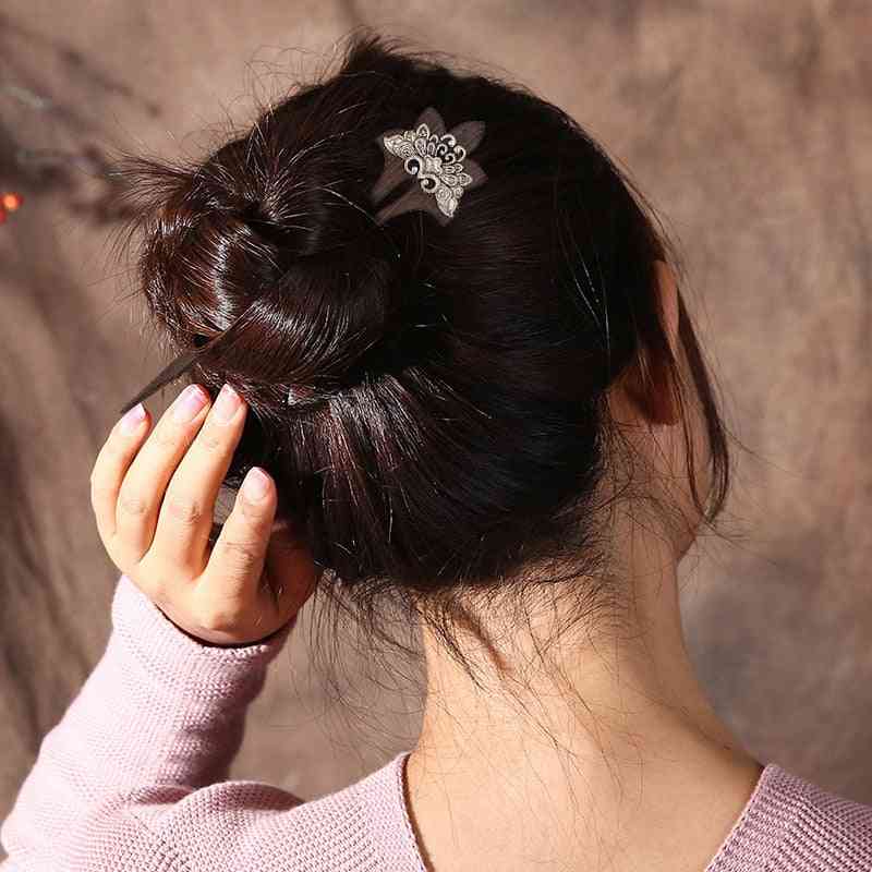 Metal Lotus Flower Wood Women Hairpin, Fashion Jewelry Accessory