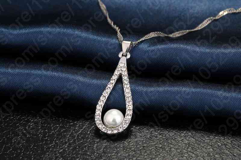 925 Sterling Silver Shiny Cz Crystal Water-drop Pearl Necklaces