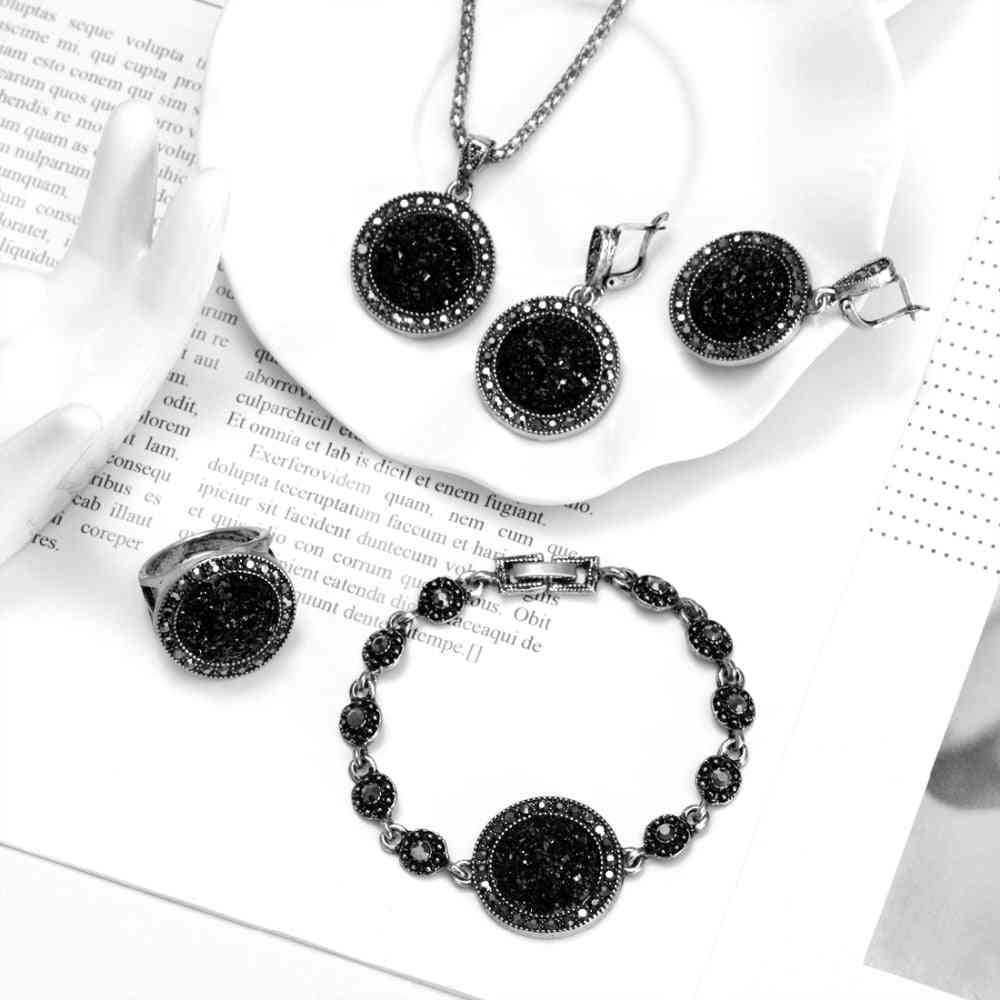 Collana orecchini braccialetto anello set per le donne set di gioielli da sposa in pietra nera rotta