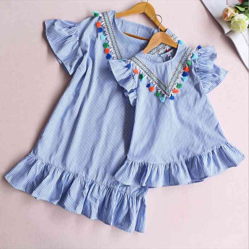 Baby Girl Family Matching Clothes, Mom And Daughter Dress Nine Quarter Stripe Tassel