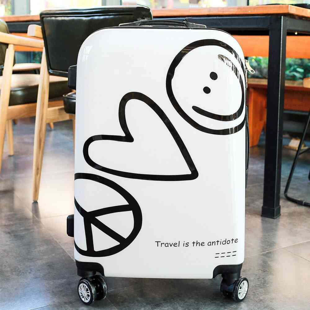 Módny kufrík na kolieskach kreatívne nastupovanie heslo rolovanie batožiny