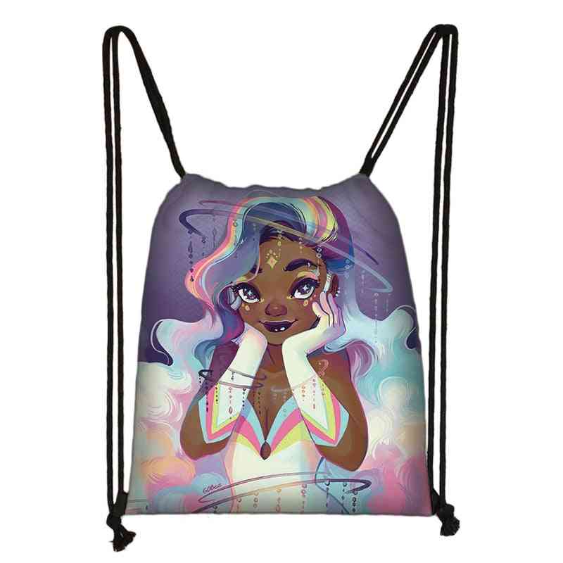 Afro Print Drawstring Women Travel Bag, Fashion Storage Bags