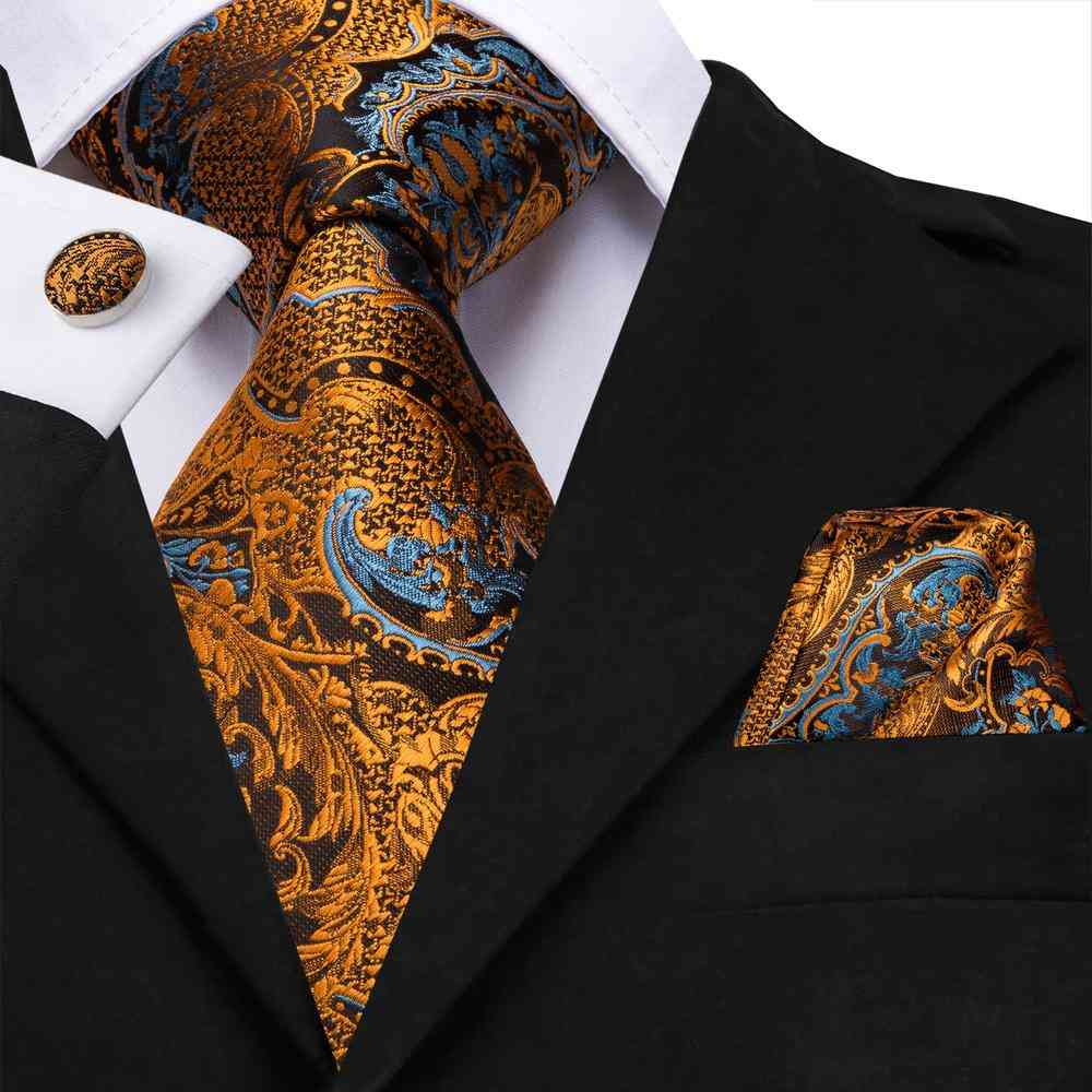 Hi-tie Silk Luxury Floral Black Gold Paisley Neck Tie Pocket Square Cufflinks Set