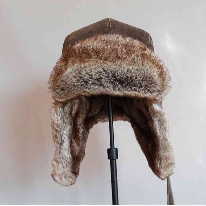 Winter Hat, Men Women's  Pilot Aviator Bomber Trapper Faux Fur Leather Snow Cap