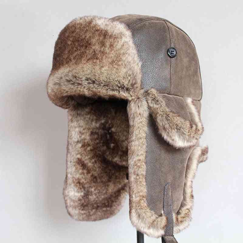 Bomber Winter Men Warm Russian With Ear Flap Pu Leather Fur Hats