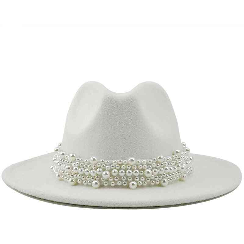 Wool Jazz Fedora Hats, Men & Women Leather Pearl Ribbon Felt Panama Cap