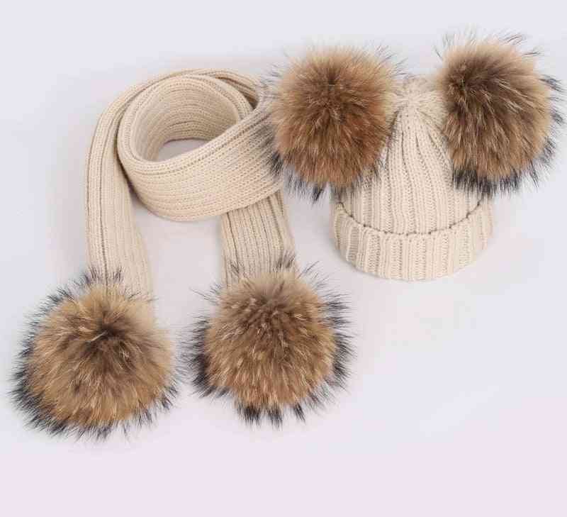 Cute's vaskebjørn pom poms strik beanie hat & tørklæde