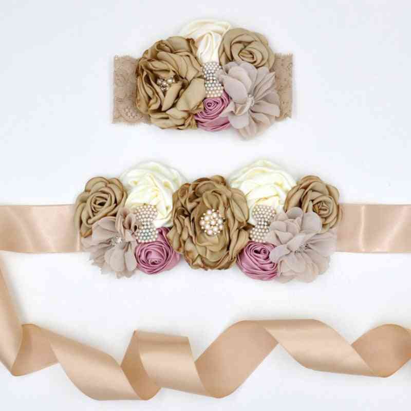 Curling Pearl Handmade Rose Flower Ribbon Hair Band&belt
