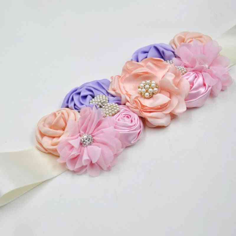 Fascia e cintura per capelli con nastro di fiori rosa fatti a mano con perle arricciate
