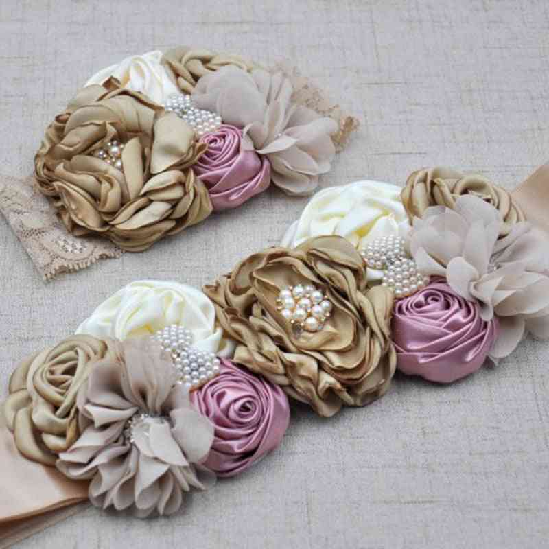 Curling Pearl Handmade Rose Flower Ribbon Hair Band&belt