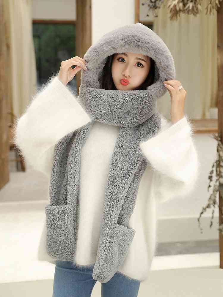 Plush Thick Double-layer Warm Hooded Neck Scarf And Gloves