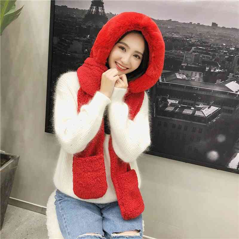 Plush Thick Double-layer Warm Hooded Neck Scarf And Gloves