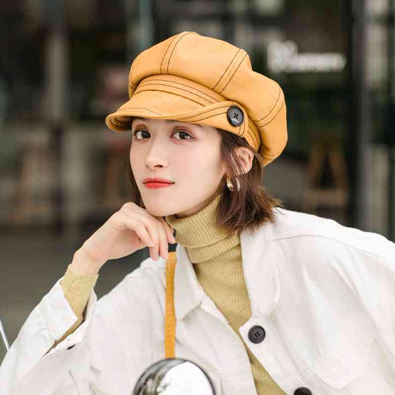 Fashion Pu Leather Buttons Octagonal Hats, Women Autumn Winter Caps