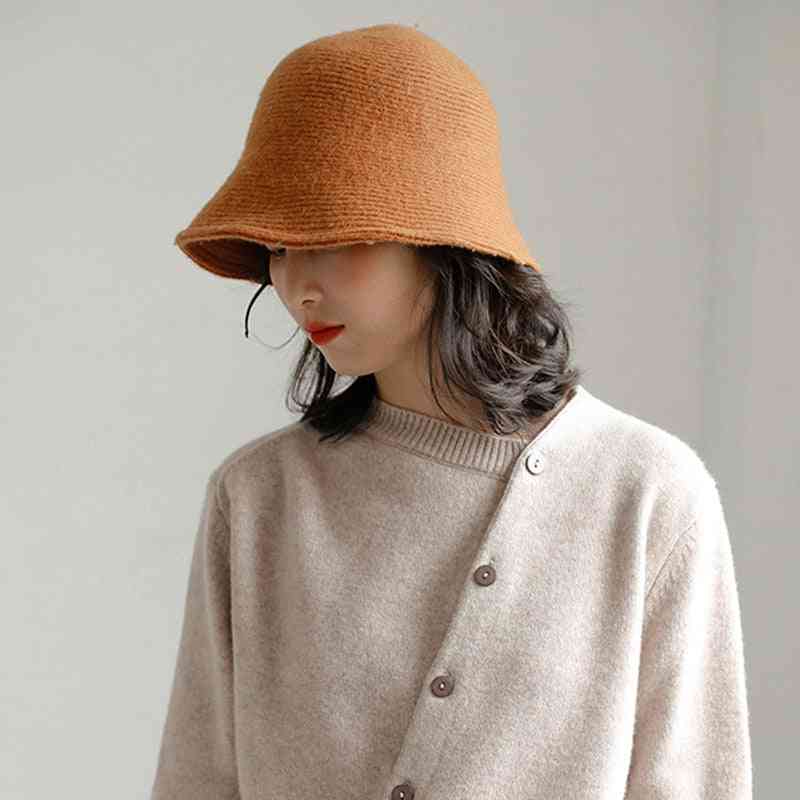 Solid Color Wool  Bucket Hat Women's Autumn Winter Fisherman Cap