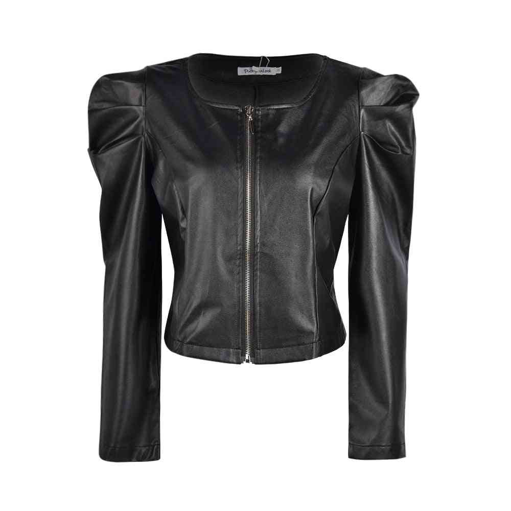 Fashion Pu Leather Jackets With Zipper - Outerwear Long Sleeve, O Neck