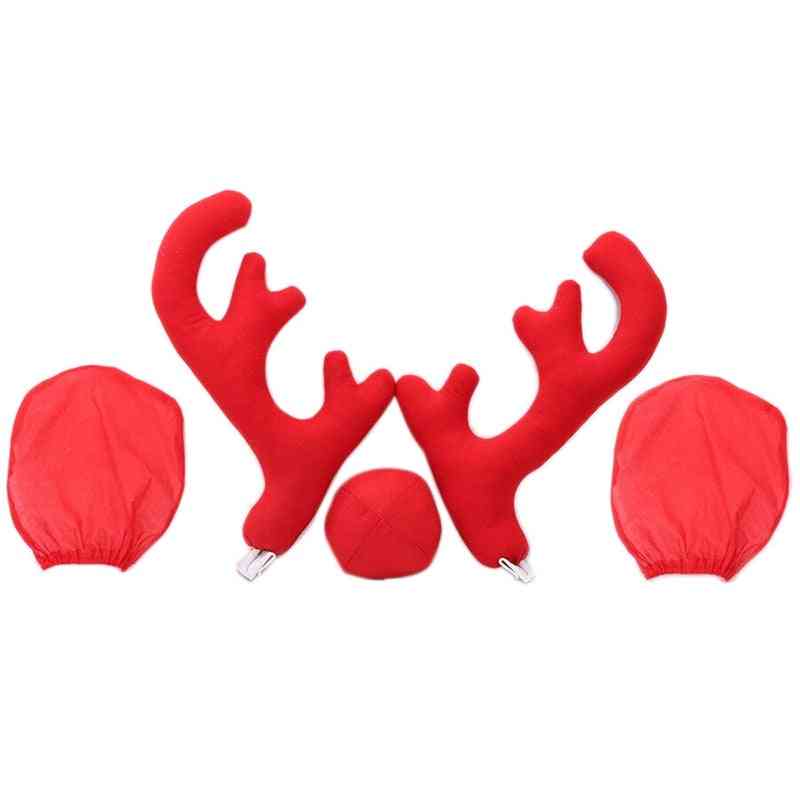 Big Reindeer Antler Nose&rearview Mirror Cover Car Christmas Decoration Kit (red)