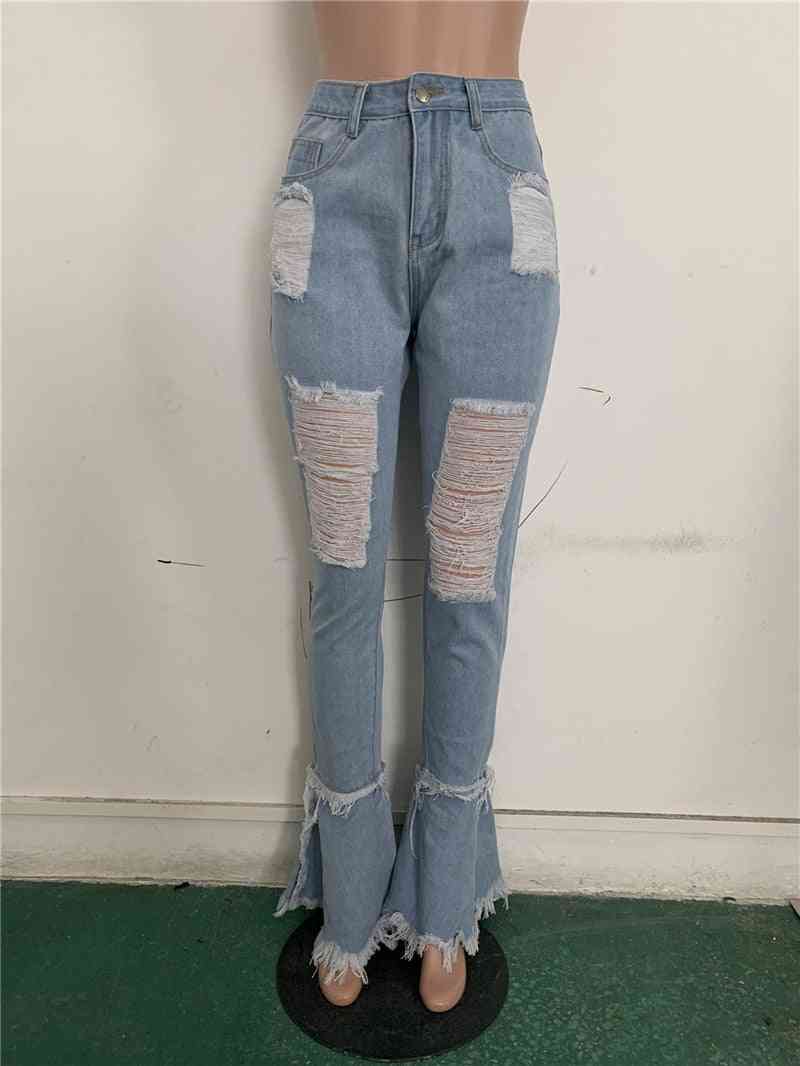 Fringed Classic Denim Ruffled Ripped Hole Jeans