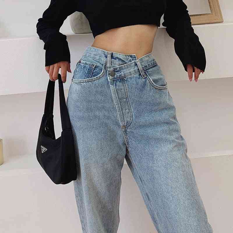 Vintage 90s Women Straight Leg Asymmetric Waist Loose High Waist Jeans