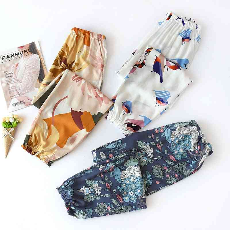 Summer Viscose Rayon Printing Women Pajama Elastic Waist Ankle-length Pants