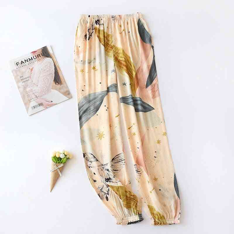 Summer Viscose Rayon Printing Women Pajama Elastic Waist Ankle-length Pants