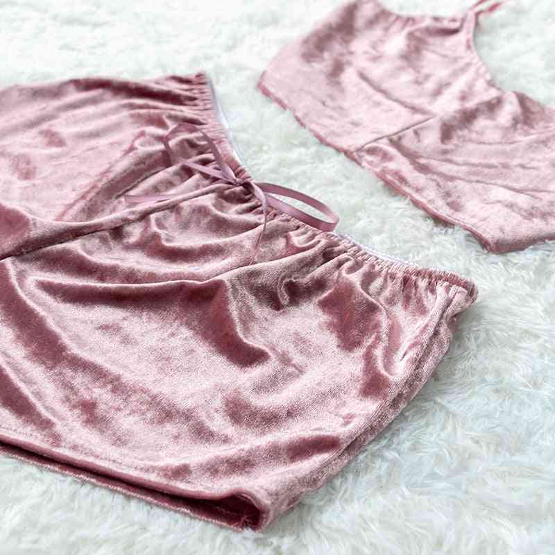 2pcs Velvet Sleepwear Sexy Camisole Silky Smooth Shorts Sleeveless Pajama Set