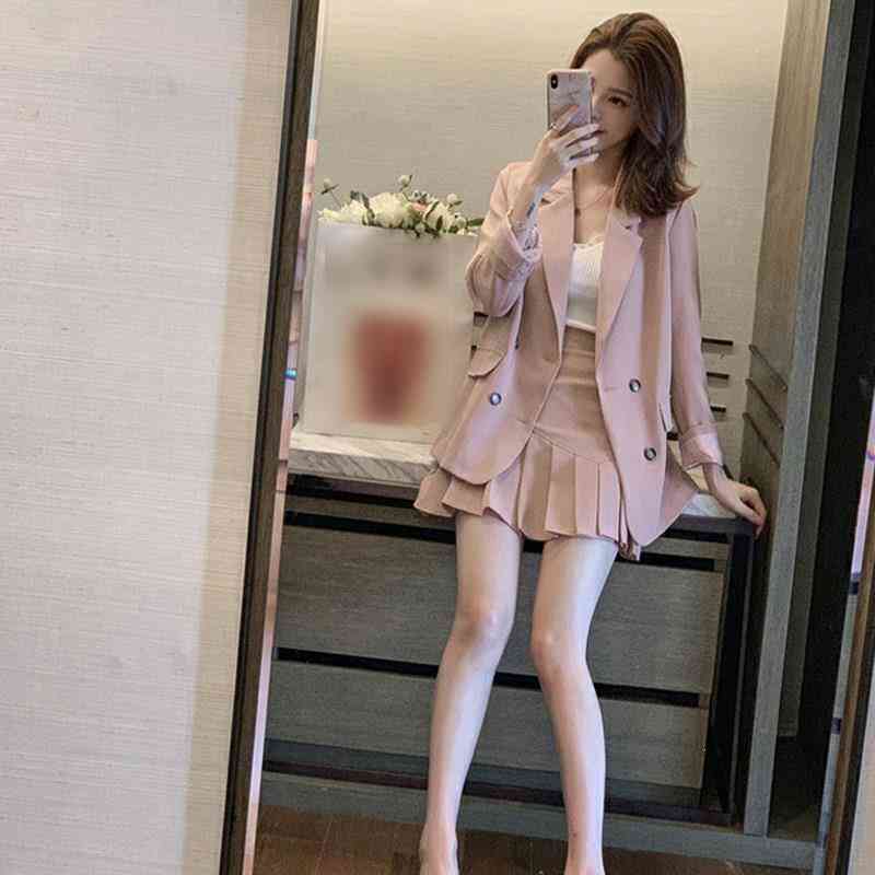 Spring Women Pink Office Blazer Top, Pleated Skirt Suits, Casual Work, Mini Sets
