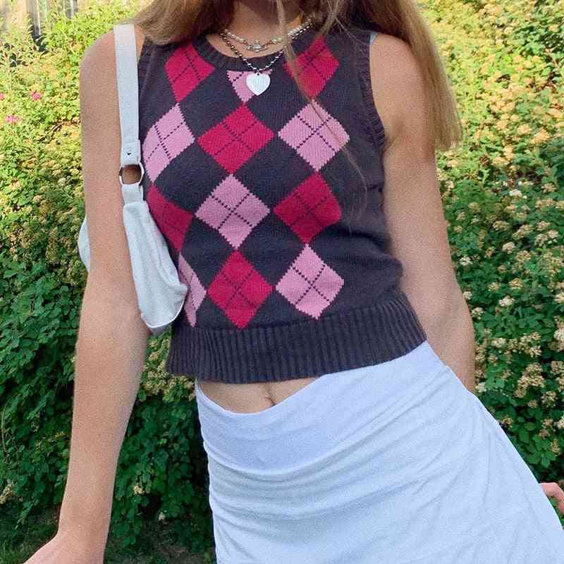 Geruite mouwloos vest, cropped tops, pullover truien (paars one size)