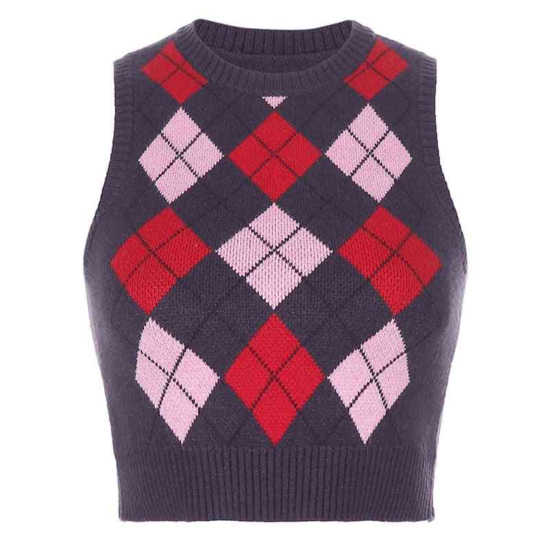 Kockovaná vesta bez rukávov, orezané topy, pulóvre svetre (fialové, jedna veľkosť)