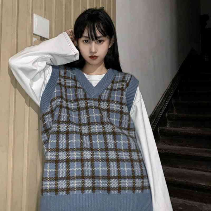 Blusas sem mangas com decote em v para estudantes estilo coreano solta moda casual chique