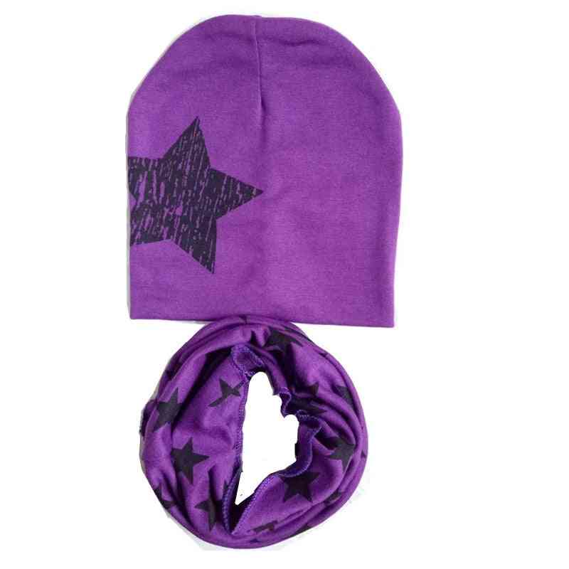Star Print Cotton Baby Hat & Scarf Set, Cap O-ring Collar Beanie