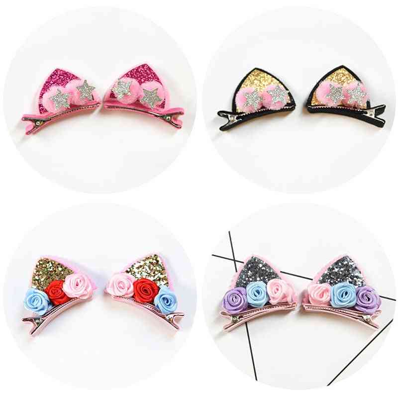Cute Hair-clips Glitter, Rainbow Fabric Flowers, Cat Ears, Bunny Barrettes Accessories