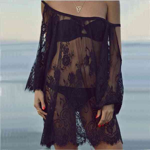 Lace Pattern, Flower Embroidery, Transparent, Bikini Cover-up Dress