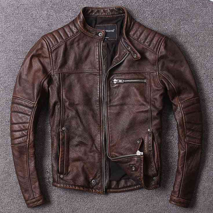 Men Vintage Style, Genuine Cowhide Leather Slim Coat