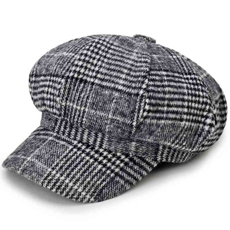 Jesień / zima- czapka beret vintage, ośmiokątna w kratę, czapki klasyczne, damskie