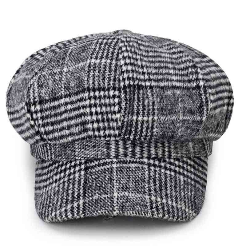 Jesień / zima- czapka beret vintage, ośmiokątna w kratę, czapki klasyczne, damskie