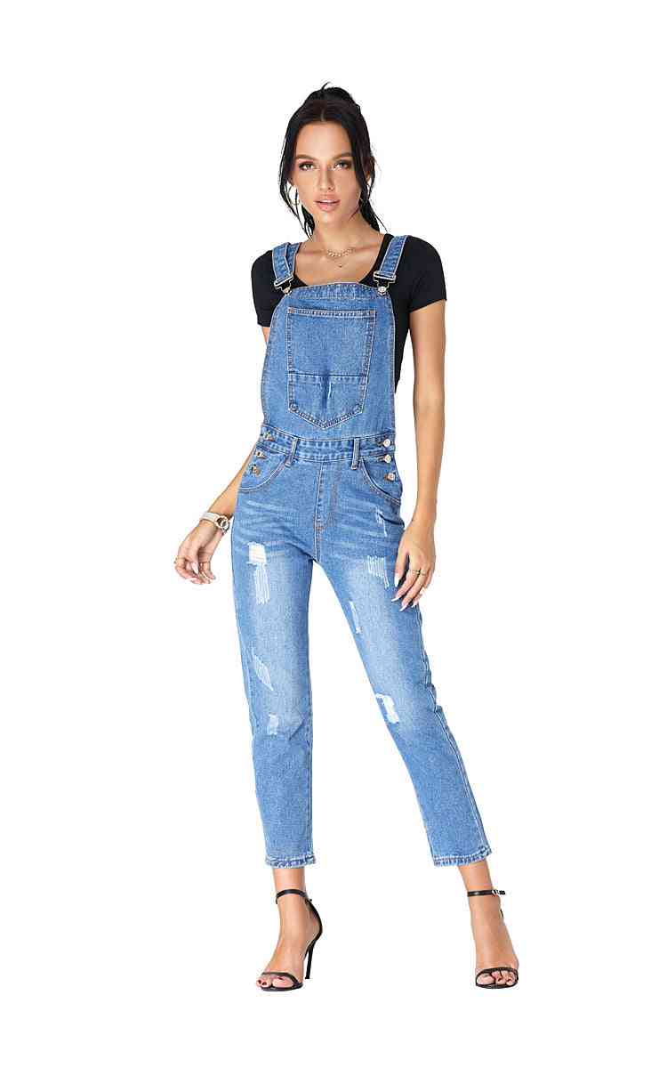 Women Solid Jeans, High Waist Denim Full Length Overalls Streetwear