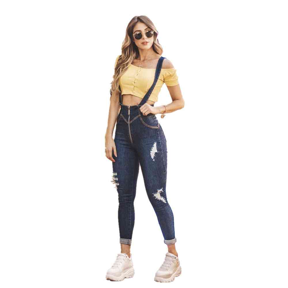 Fashion Ripped Slim High Waist Ankle Length Denim Overalls Jeans