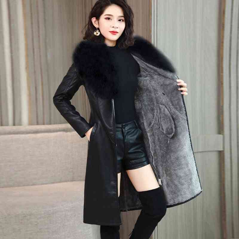 Plus Velvet Warm Slim Big Fur Collar Long Leather Coat Women Outerwear