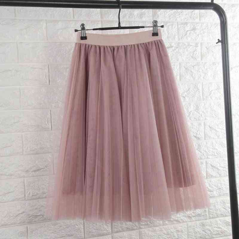 Women 4 Layers Tulle, Elastic High Waist Pleated Midi Skirts
