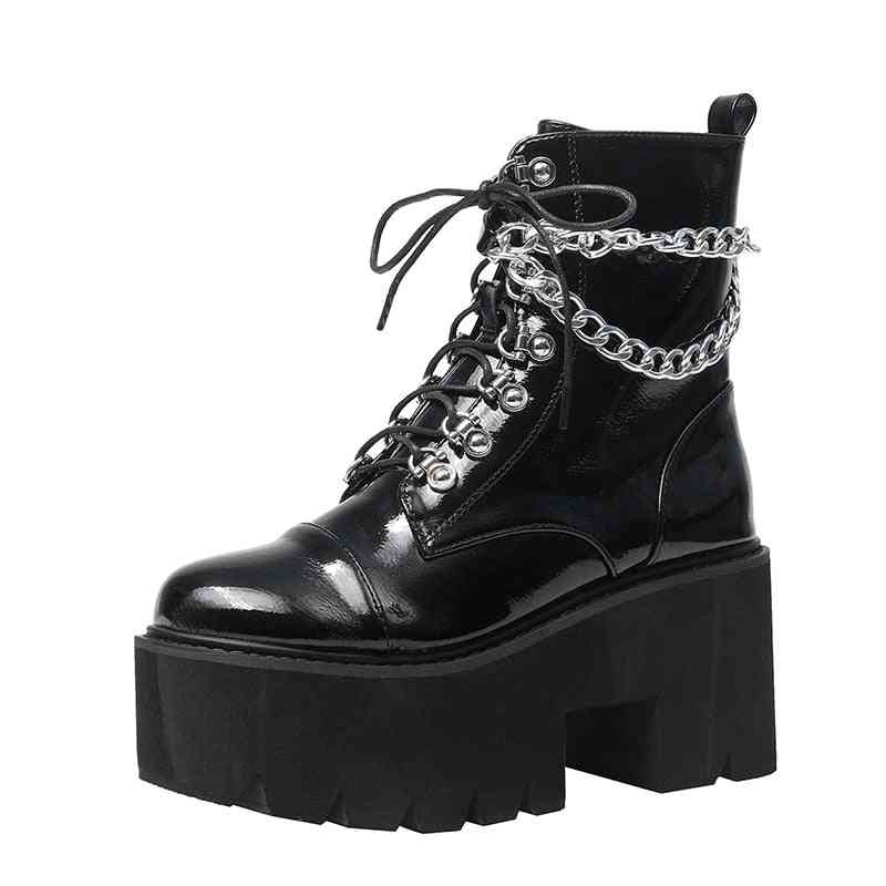 Patent Leather Gothic Boots, Chain Chunky Heel