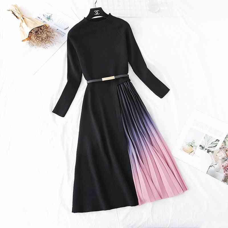 Autumn Winter Elegant Knitted Patchwork Gradient Pleated Sweater Dress's