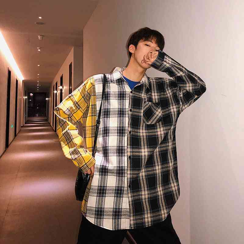 Camisa de algodão xadrez de tamanho grande para homem, patchwork de hip hop masculino, manga comprida de botão