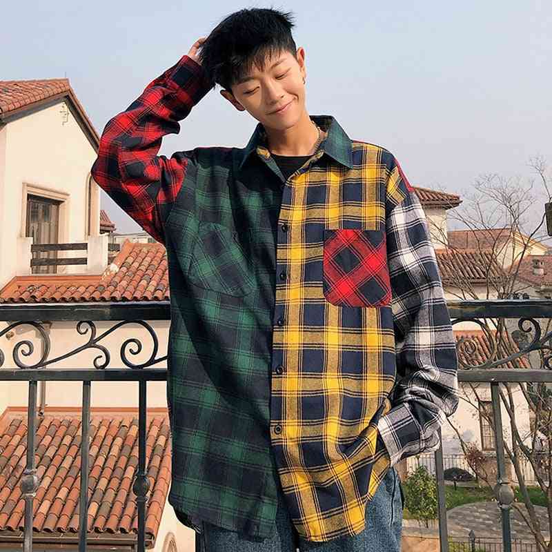 Camisa de algodão xadrez de tamanho grande para homem, patchwork de hip hop masculino, manga comprida de botão