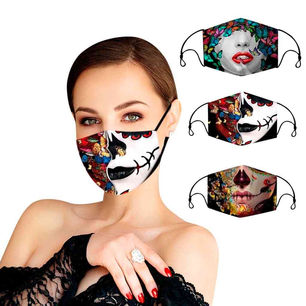 Modne maski z tkaniny, nadruk czaszki zmywalna do ust, miękka maska do ponownego użycia;