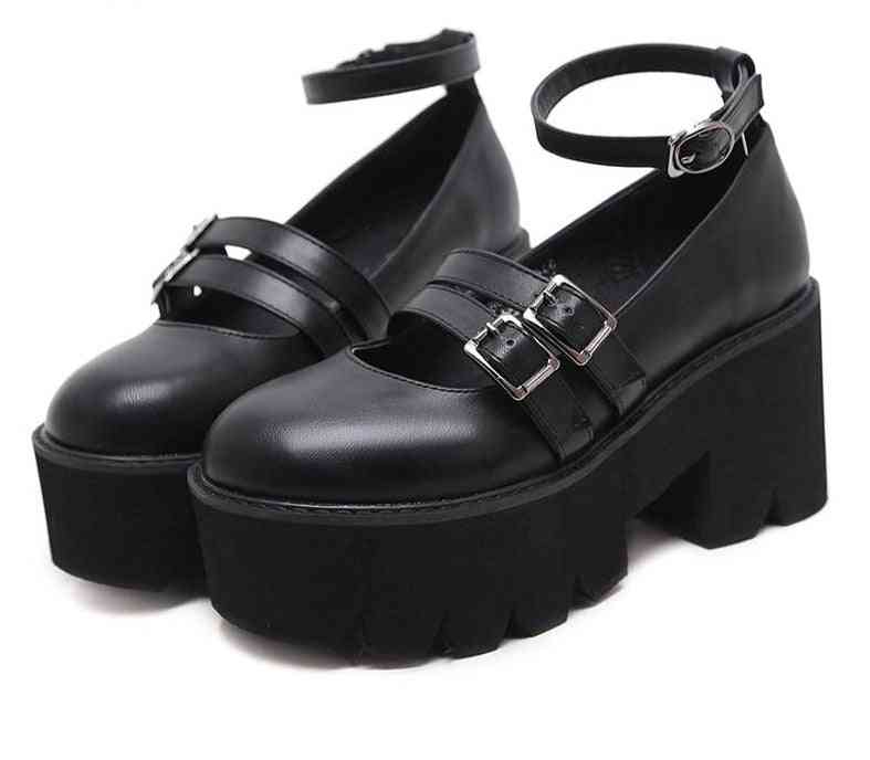 Zapatos de bomba góticos para mujer, correa de tobillo, plataforma de tacones altos gruesos