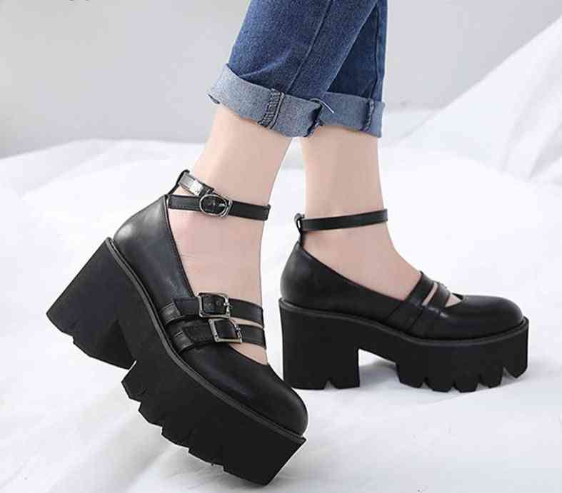 Womens Gothic Pump Shoes, Ankle Strap, High Chunky Heels Platform