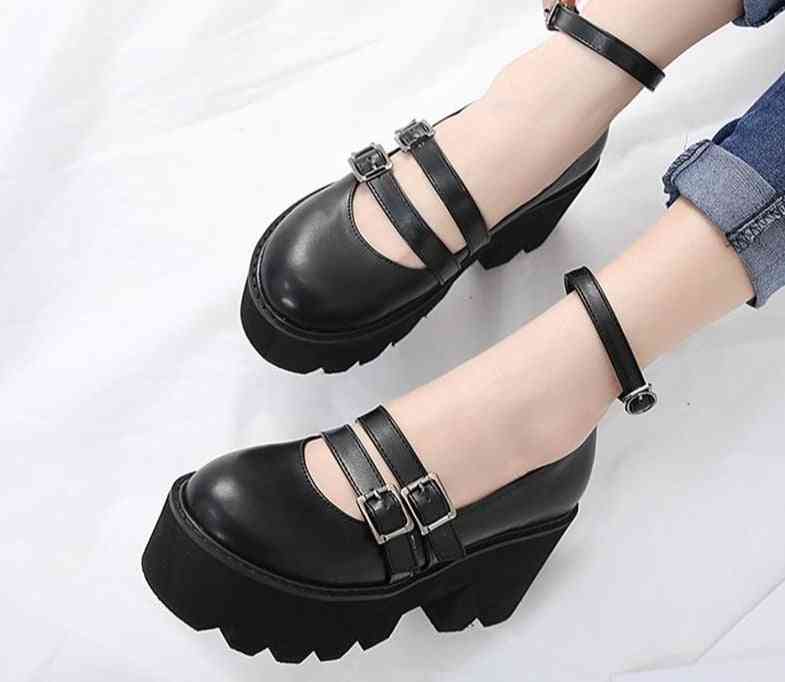 Womens Gothic Pump Shoes, Ankle Strap, High Chunky Heels Platform