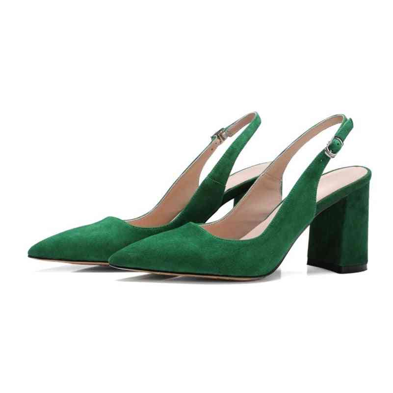 Women Square High Heel, Slingbacks Shoes, Leather Buckle Pointed Toe